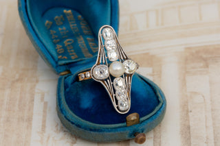 Antique French Belle Époque Diamond and Pearl Ring in Platinum and 18K Gold