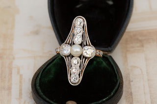 Antique French Belle Époque Diamond and Pearl Ring in Platinum and 18K Gold