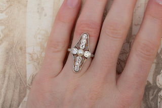 Antique French Belle Époque Diamond and Pearl Ring in Platinum and 18K Gold