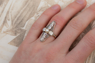Antique French Belle Époque Diamond and Pearl Ring in Platinum and 18K Gold