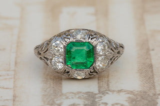 Antique Italian Emerald and Diamond Platinum Ring, Circa 1920