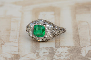 Antique Italian Emerald and Diamond Platinum Ring, Circa 1920