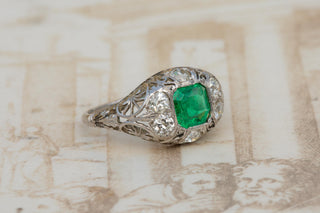Antique Italian Emerald and Diamond Platinum Ring, Circa 1920