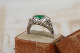 Antique Italian Emerald and Diamond Platinum Ring, Circa 1920