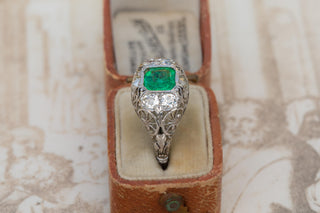 Antique Italian Emerald and Diamond Platinum Ring, Circa 1920