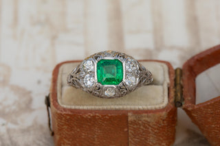 Antique Italian Emerald and Diamond Platinum Ring, Circa 1920