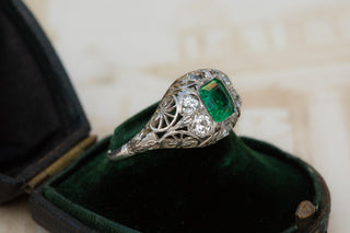 Antique Italian Emerald and Diamond Platinum Ring, Circa 1920