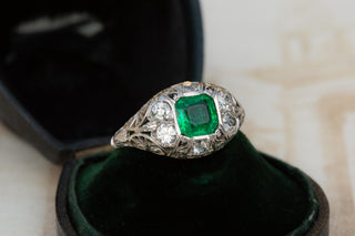 Antique Italian Emerald and Diamond Platinum Ring, Circa 1920