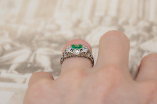 Antique Italian Emerald and Diamond Platinum Ring, Circa 1920