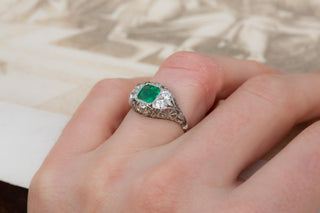 Antique Italian Emerald and Diamond Platinum Ring, Circa 1920