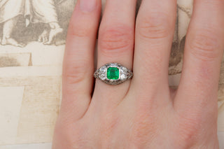 Antique Italian Emerald and Diamond Platinum Ring, Circa 1920