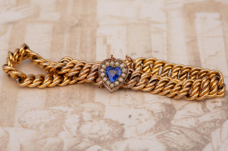 Victorian Silver-Gilt Double Curb Link Bracelet with Blue Glass Heart, c.1890