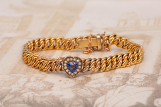 Victorian Silver-Gilt Double Curb Link Bracelet with Blue Glass Heart, c.1890