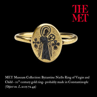 Ancient Byzantine Gold Ring with Niello Virgin Mary Christ Child; Signet Ring