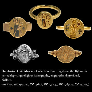 Ancient Byzantine Gold Ring with Niello Virgin Mary Christ Child; Signet Ring