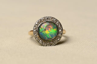 Art Deco Opal Doublet and Old Mine Cut Diamond Cluster Ring; Italian