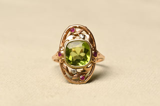 Antique Art Nouveau Peridot, Ruby and Diamond Ring; German Jugendstil Gold Ring