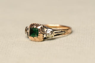 Georgian Emerald and Diamond Trilogy Ring; 18th Century Emerald Ring in Gold