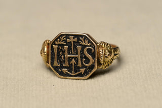 Antique IHS Religious Ring; Austro-Hungarian 14K Gold Enamel Devotional Ring, c