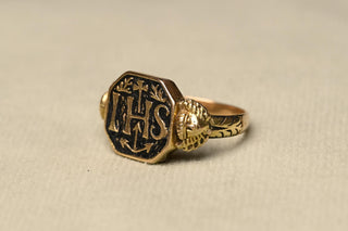 Antique IHS Religious Ring; Austro-Hungarian 14K Gold Enamel Devotional Ring, c