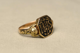 Antique IHS Religious Ring; Austro-Hungarian 14K Gold Enamel Devotional Ring, c