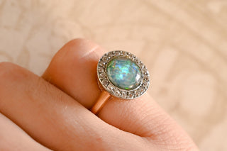 Art Deco Opal Doublet and Old Mine Cut Diamond Cluster Ring; Italian