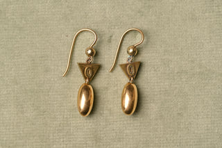 Victorian Etruscan Revival Torpedo Drop Earrings; 15K Gold Earrings, c.1860