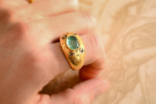 Antique Balinese Emerald and Diamond Ring; Gilded Convex Cabochon Ring