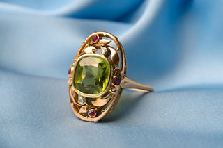Antique Art Nouveau Peridot, Ruby and Diamond Ring; German Jugendstil Gold Ring