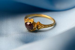Antique Renaissance Revival Rose Cut Garnet Ring; French High Karat Gold Ring