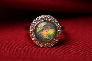 Art Deco Opal Doublet and Old Mine Cut Diamond Cluster Ring; Italian