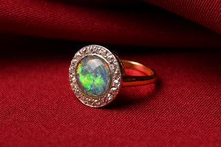 Art Deco Opal Doublet and Old Mine Cut Diamond Cluster Ring; Italian