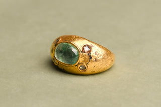Antique Balinese Emerald and Diamond Ring; Gilded Convex Cabochon Ring