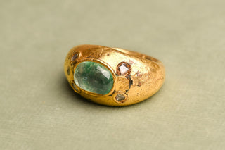 Antique Balinese Emerald and Diamond Ring; Gilded Convex Cabochon Ring