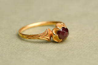 Antique Renaissance Revival Rose Cut Garnet Ring; French High Karat Gold Ring