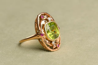 Antique Art Nouveau Peridot, Ruby and Diamond Ring; German Jugendstil Gold Ring
