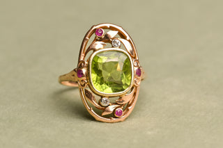 Antique Art Nouveau Peridot, Ruby and Diamond Ring; German Jugendstil Gold Ring
