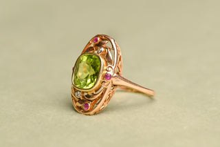 Antique Art Nouveau Peridot, Ruby and Diamond Ring; German Jugendstil Gold Ring