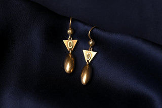 Victorian Etruscan Revival Torpedo Drop Earrings; 15K Gold Earrings, c.1860