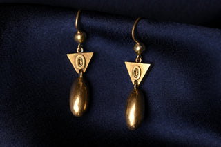 Victorian Etruscan Revival Torpedo Drop Earrings; 15K Gold Earrings, c.1860
