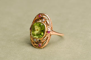 Antique Art Nouveau Peridot, Ruby and Diamond Ring; German Jugendstil Gold Ring