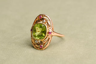 Antique Art Nouveau Peridot, Ruby and Diamond Ring; German Jugendstil Gold Ring