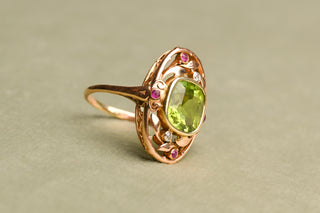 Antique Art Nouveau Peridot, Ruby and Diamond Ring; German Jugendstil Gold Ring