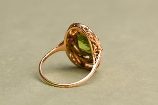 Antique Art Nouveau Peridot, Ruby and Diamond Ring; German Jugendstil Gold Ring
