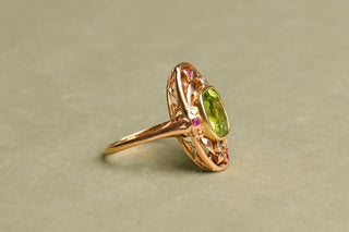 Antique Art Nouveau Peridot, Ruby and Diamond Ring; German Jugendstil Gold Ring