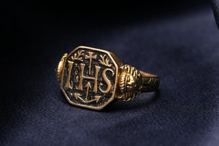 Antique IHS Religious Ring; Austro-Hungarian 14K Gold Enamel Devotional Ring, c