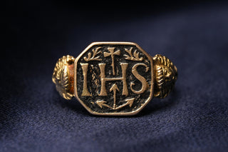 Antique IHS Religious Ring; Austro-Hungarian 14K Gold Enamel Devotional Ring, c