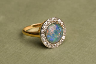 Art Deco Opal Doublet and Old Mine Cut Diamond Cluster Ring; Italian