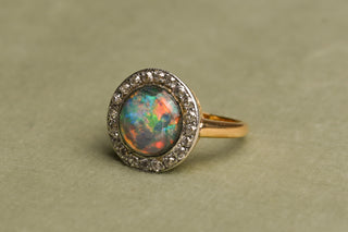 Art Deco Opal Doublet and Old Mine Cut Diamond Cluster Ring; Italian