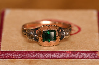 Georgian Emerald and Diamond Trilogy Ring; 18th Century Emerald Ring in Gold